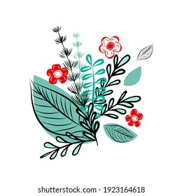 Decorative bouquet of twigs and simple flowers. Vector illustration