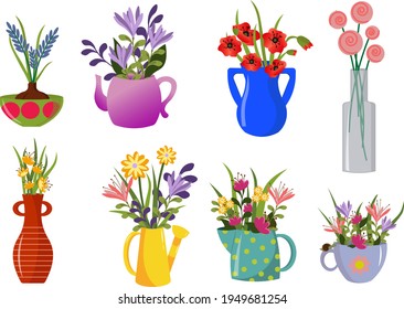 Decorative bouquets of flowers in different containers - a jug, a bowl, a teapot and a mug, a watering can and a bottle. Vector drawing on a white background. Modern illustration design for use in