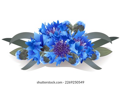 Decorative boutonniere bouquet of blue cornflower flowers for wallpaper decor, postcards, weddings, holidays