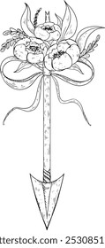 decorative bow arrow with flowers and ribbons in the sketch style. doodle arrow with decor