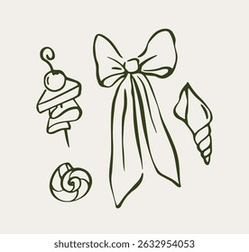 Decorative bow, candies, and dessert skewer outlined in a hand-drawn graphic style on a light beige background. Concept of celebration and confectionery. Vector illustration