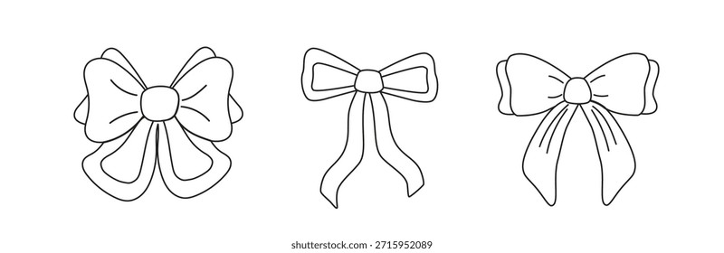 Dekoratives Bow Line Art Set mit drei Stilen. Minimale Umrissbandabbildungen für Karten, Kunsthandwerk, Geschenkverpackung und saisonales Design