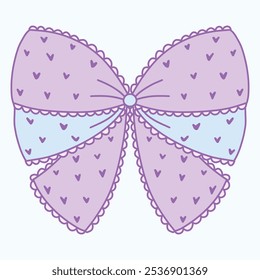 A decorative bow with a pastel color scheme and heart patterns, ideal for gifts or crafts.