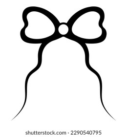 Decorative bow. The ribbon is beautifully tied with curls of thread. Sketch. Vector illustration. Doodle style. Festive decoration for gift, surprise, bouquet. Outline on isolated background. 