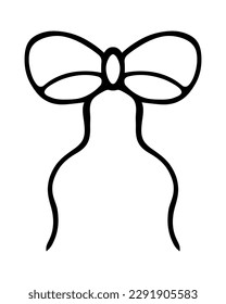 Decorative bow with ties. Sketch. Vector illustration. Doodle style. Festive decoration for gift, surprise, bouquet. Outline on isolated background. The ribbon is beautifully tied. Coloring book 