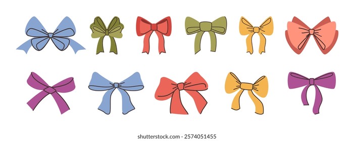 Decorative bowknots and bands for modern banners. Vector isolated set of adornment and embellishment for packages or banners, design for posters. Textile satin or silk material knots and bows