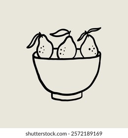 Decorative Bowl with Lemon Fruit. Potted Ceramic Sketch Black Line Symbol. Stylized Whimsical Hand Drawn Vector Element Decor