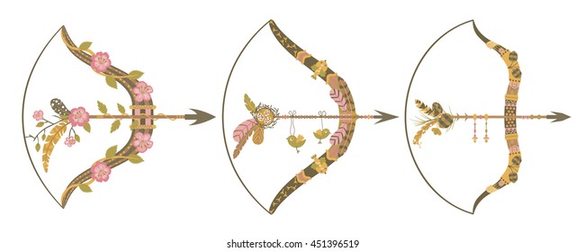 Decorative bows and arrows. Vector illustration with ethnic ornate elements on white background. 