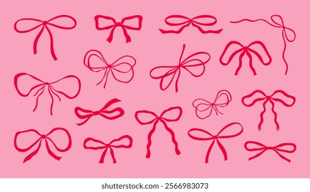 Decorative bows in coquette style isolated on pink background. Set of hand drawn cute ribbon bow knots. Big vector collection of whimsical bows for wedding and greeting cards, invitations.