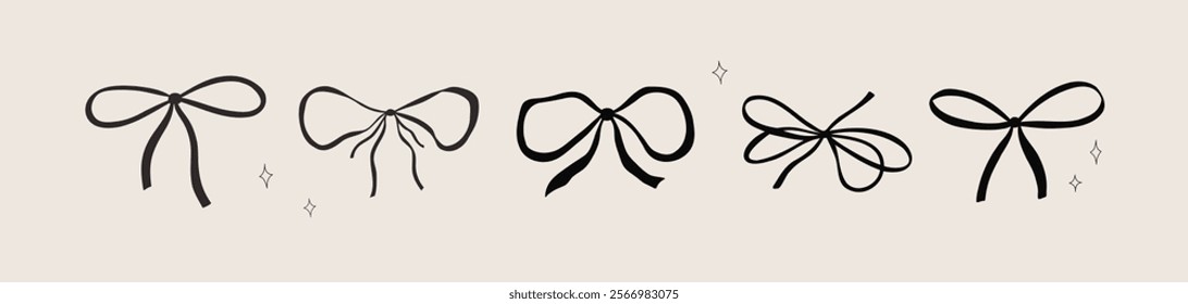 Decorative bows in coquette style isolated on grey background. Set of hand drawn ribbon bow knots. Vector whimsical bows for wedding and greeting cards, invitations.