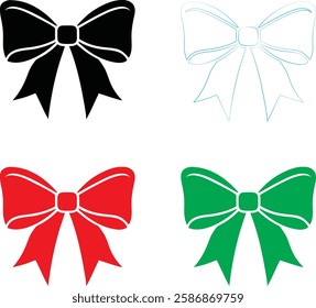 Decorative bows, festive ribbons, holiday accessories, flat design, vibrant colors, black red and green, simple shapes, graphic elements, vector illustration, minimalist style, symmetrical patterns, s