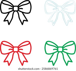 Decorative bows, festive ribbons, holiday accessories, flat design, vibrant colors, black red and green, simple shapes, graphic elements, vector illustration, minimalist style, symmetrical patterns, s