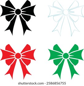 Decorative bows, holiday ribbon designs, festive graphics, simple vector illustrations, black red green and white color scheme, minimalist Christmas icons, gift wrapping elements, symmetrical bow shap