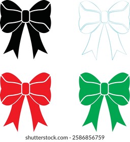 Decorative bows, holiday ribbon designs, festive graphics, simple vector illustrations, black red green and white color scheme, minimalist Christmas icons, gift wrapping elements, symmetrical bow shap