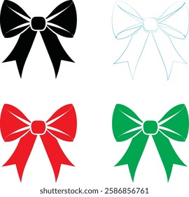 Decorative bows, holiday ribbon designs, festive graphics, simple vector illustrations, black red green and white color scheme, minimalist Christmas icons, gift wrapping elements, symmetrical bow shap