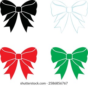 Decorative bows, holiday ribbon designs, festive graphics, simple vector illustrations, black red green and white color scheme, minimalist Christmas icons, gift wrapping elements, symmetrical bow shap