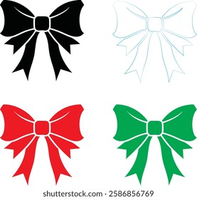 Decorative bows, holiday ribbon designs, festive graphics, simple vector illustrations, black red green and white color scheme, minimalist Christmas icons, gift wrapping elements, symmetrical bow shap