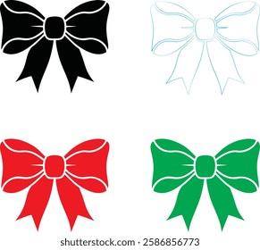 Decorative bows, holiday ribbon designs, festive graphics, simple vector illustrations, black red green and white color scheme, minimalist Christmas icons, gift wrapping elements, symmetrical bow shap