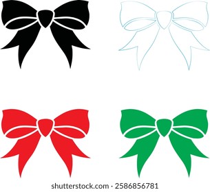 Decorative bows, holiday ribbon designs, festive graphics, simple vector illustrations, black red green and white color scheme, minimalist Christmas icons, gift wrapping elements, symmetrical bow shap