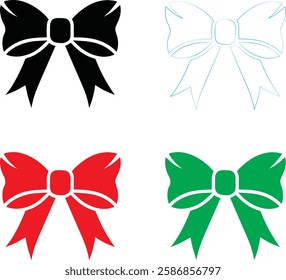 Decorative bows, holiday ribbon designs, festive graphics, simple vector illustrations, black red green and white color scheme, minimalist Christmas icons, gift wrapping elements, symmetrical bow shap