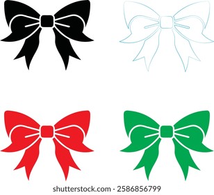 Decorative bows, holiday ribbon designs, festive graphics, simple vector illustrations, black red green and white color scheme, minimalist Christmas icons, gift wrapping elements, symmetrical bow shap