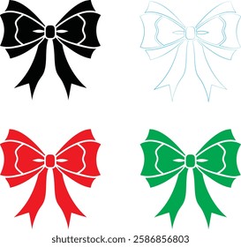 Decorative bows, holiday ribbon designs, festive graphics, simple vector illustrations, black red green and white color scheme, minimalist Christmas icons, gift wrapping elements, symmetrical bow shap