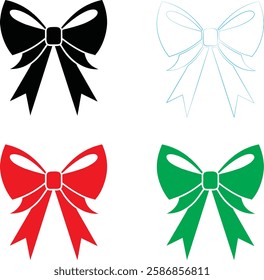 Decorative bows, holiday ribbon designs, festive graphics, simple vector illustrations, black red green and white color scheme, minimalist Christmas icons, gift wrapping elements, symmetrical bow shap