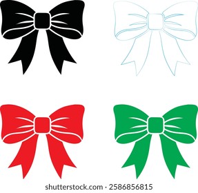 Decorative bows, holiday ribbon designs, festive graphics, simple vector illustrations, black red green and white color scheme, minimalist Christmas icons, gift wrapping elements, symmetrical bow shap