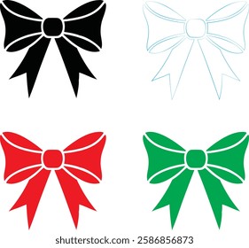 Decorative bows, holiday ribbon designs, festive graphics, simple vector illustrations, black red green and white color scheme, minimalist Christmas icons, gift wrapping elements, symmetrical bow shap