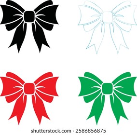 Decorative bows, holiday ribbon designs, festive graphics, simple vector illustrations, black red green and white color scheme, minimalist Christmas icons, gift wrapping elements, symmetrical bow shap