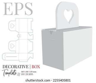 Decorative Box die cut template with handle heart, vector. White, clear, blank, isolated gift box mock up on white background with perspective view. Packaging Design