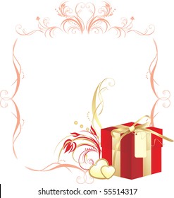 Decorative box and hearts with ornament in the frame. Vector