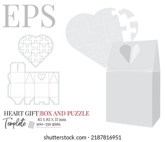 Decorative box packaging with stenciled die cut template and 3D mockup with puzzle in shape of a heart.