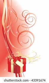 Decorative box with red bow and hearts. Card. Vector