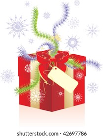 Decorative box with snowflakes, Christmas tinsel and red bow. Vector