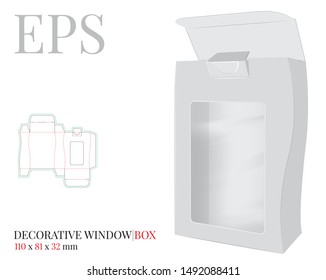 Decorative Box With Window Template. Vector With Die Cut,  Laser Cut Layers. White, Clear, Blank, Isolated Box Mock Up On White Background With Perspective View. Packaging Design