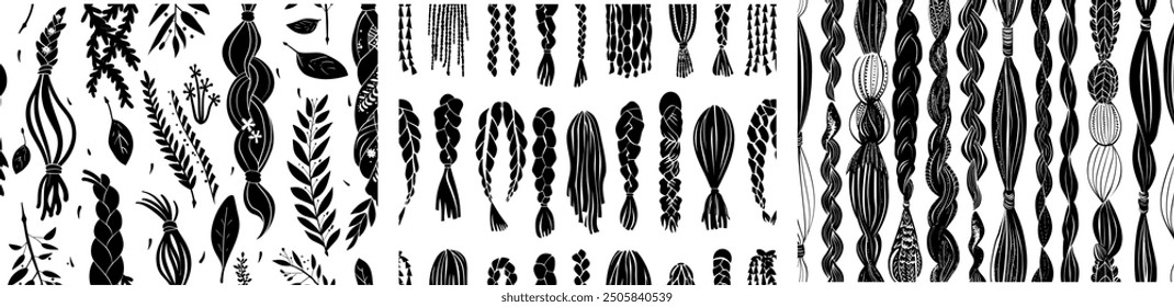 Decorative braid pattern brushes. Knitting, braided ropes collection on isolated background. Braid pattern decoration