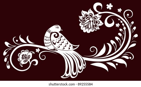 Decorative branch with a bird. decorative leaves. Vector illustration