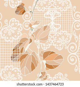 Decorative branch  with delicate openwork. Lace and leaves seamless pattern on pink  background.