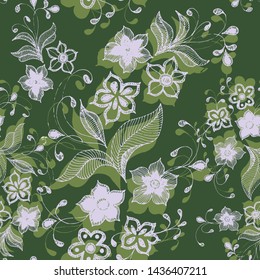 Decorative branch of different flowers on green background. Vector seamless pattern.