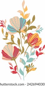 Decorative branch with flower and leaves. Watercolor digital illustration.