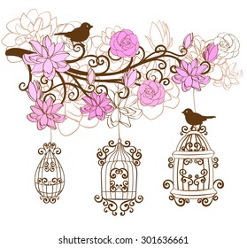Decorative branch with flowers, birds and three cages hanging from the branches