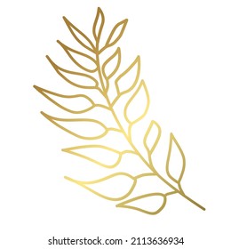 Decorative branch with leaves in gold color. Plant with gradient isolated on white background. Linear design element. Vector illustration.