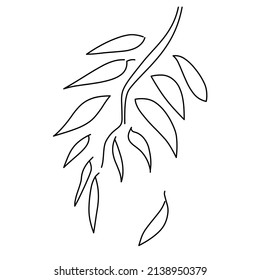 Decorative branch with leaves in a modern linear style. Branch isolated on white background. Element of linear design. Vector illustration.