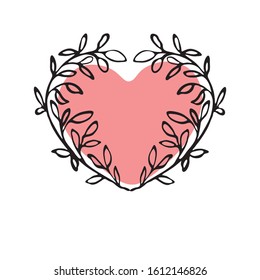 A decorative branch of a plant wraps around a red heart. Decorative element for greeting card, flyer, logo.