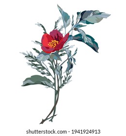 Rama decorativa con flor roja. Ilustración del vector