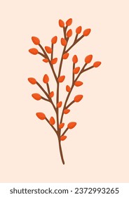 Decorative branch with red ilex berries. Design for postcard, poster, ad, decor, fabric and other uses. Vector isolated illustration of a sprig for a bouquet.