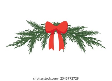 Ramas decorativas de árbol de Navidad con lazo rojo. Vector