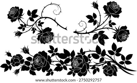 Decorative branches of climbing roses, vector black outline on a transparent background