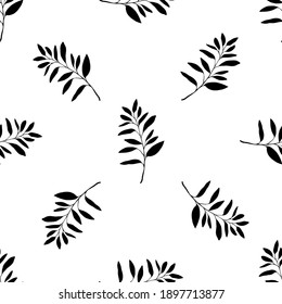 Decorative branches with leaves seamless pattern. Silhouette of stems with foliage, print for decor. Detailed monochrome floral plant. Twig with leafage ornament, nature vector in flat style